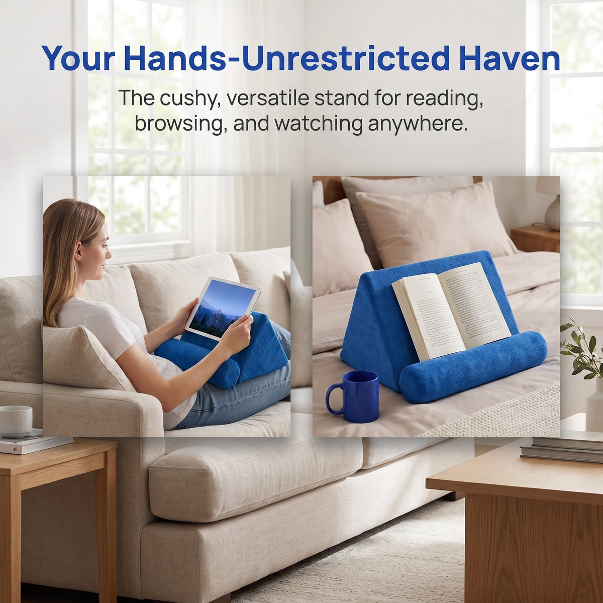 Lap Pillow Stand for Tablets and Phones, Soft Foam Holder with Rigid Frame for Bed, Couch and Desk, Navy Blue - Image 6