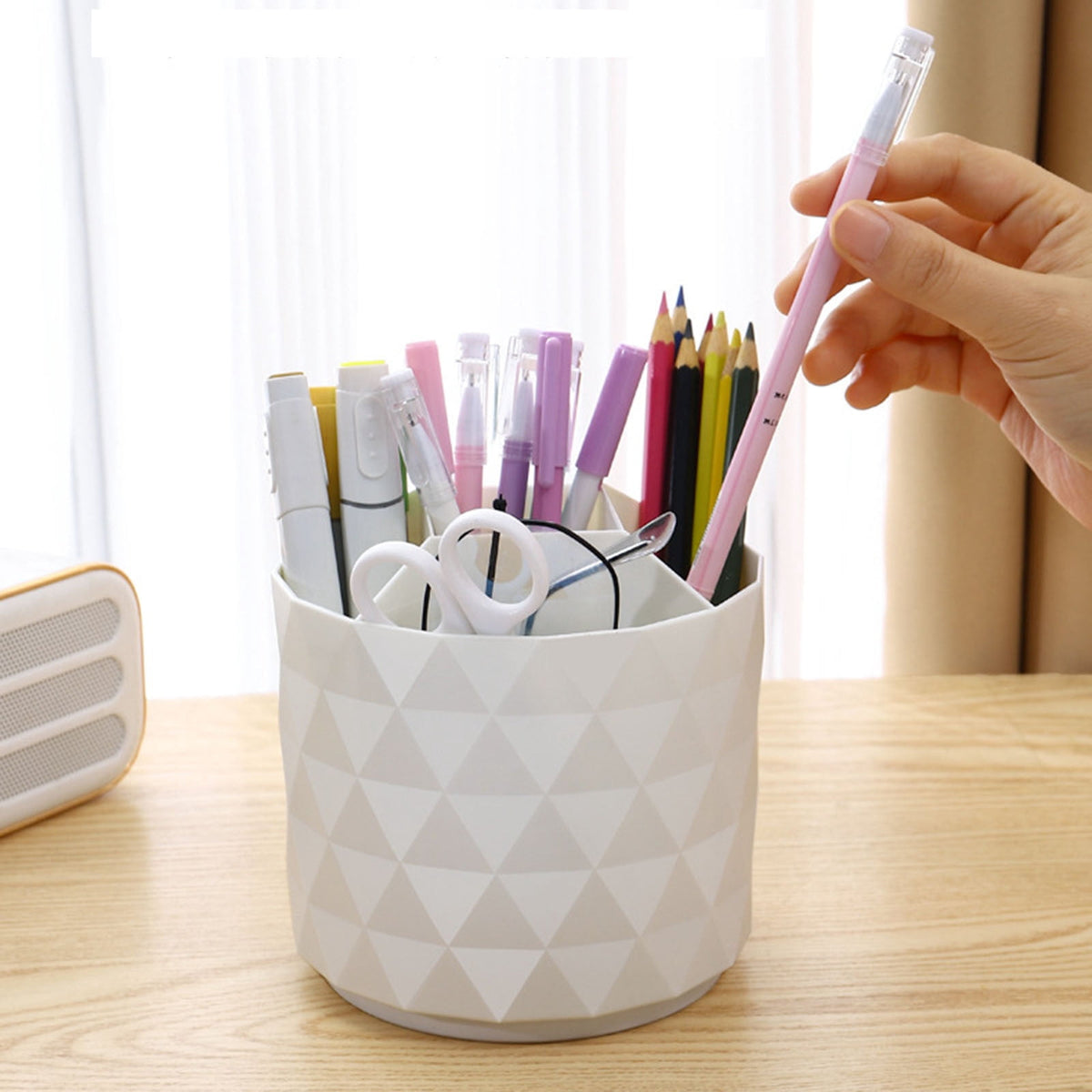 Rotating Pen Holder with 5 Compartments, 360 Degree Desk Caddy for Pencils and Supplies, White - Image 3