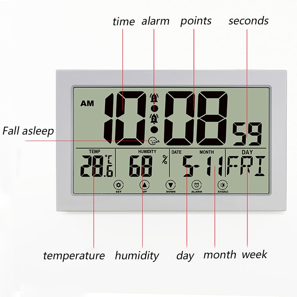 Digital Wall or Desk Clock with Large Display, Indoor Temperature and Humidity, Alarm and Snooze - Image 6