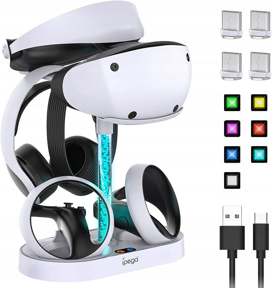 VR Controller Charging Dock with Headset Stand and RGB Light, Magnetic USB-C Adapters Included - Image 2