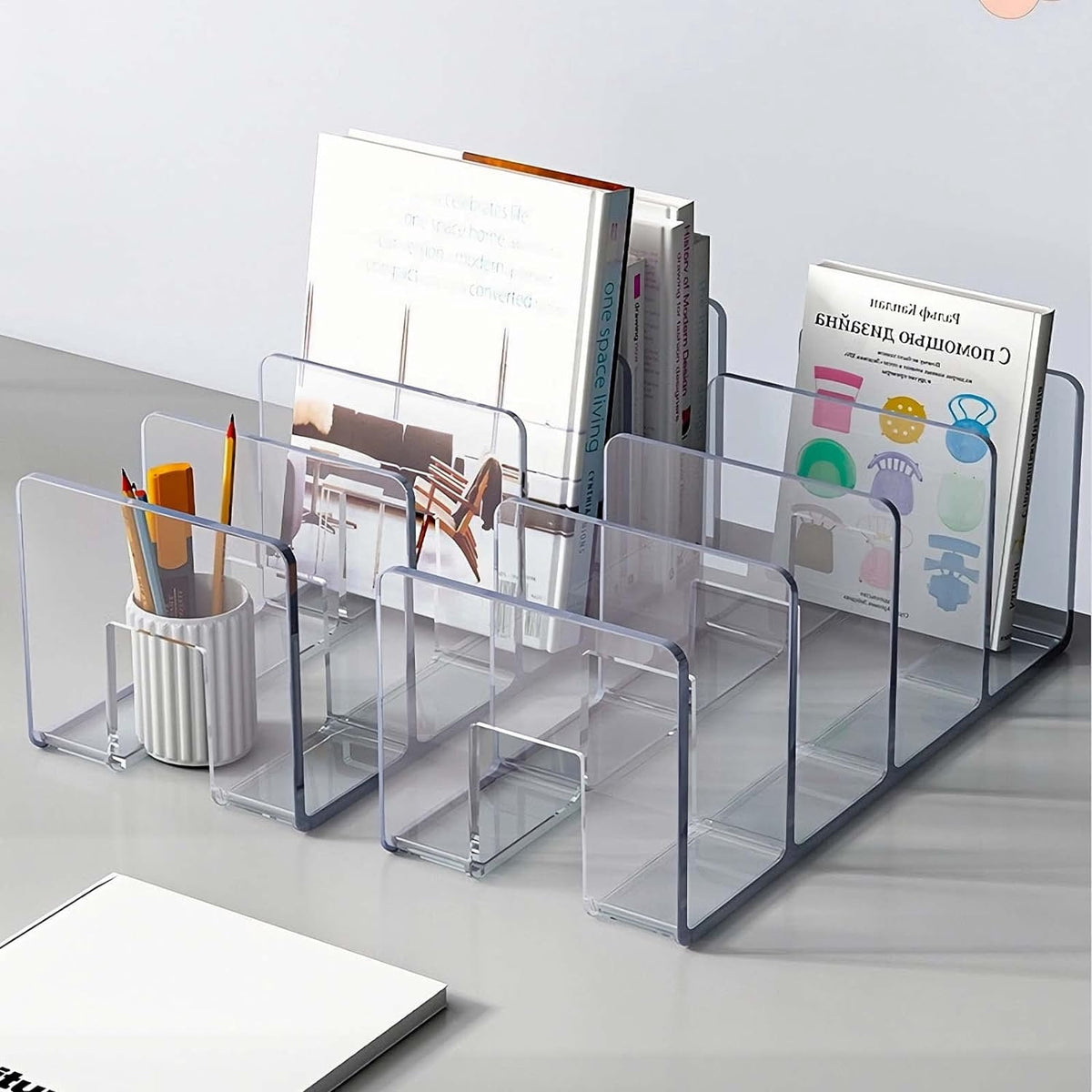 Clear Acrylic Desk File Sorter with 4 Sections, Vertical Holder for Letter Papers and Books - Image 6