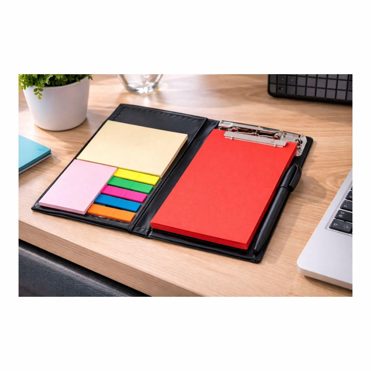 All-in-One Desk Memo Book with Sticky Notes, Metal Clip and Pen, Crimson Red - Image 3