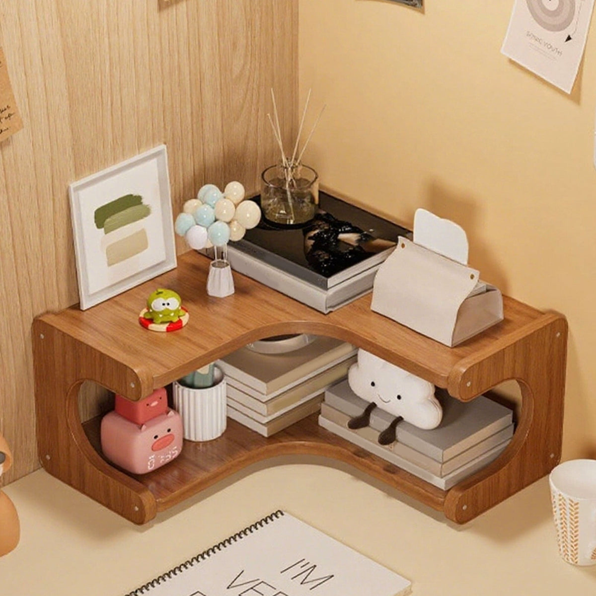 L-Shaped Corner Desk Shelf, Tiered Wooden Organizer for Small Spaces, 13.7 x 5.1 in, Coffee - Image 5