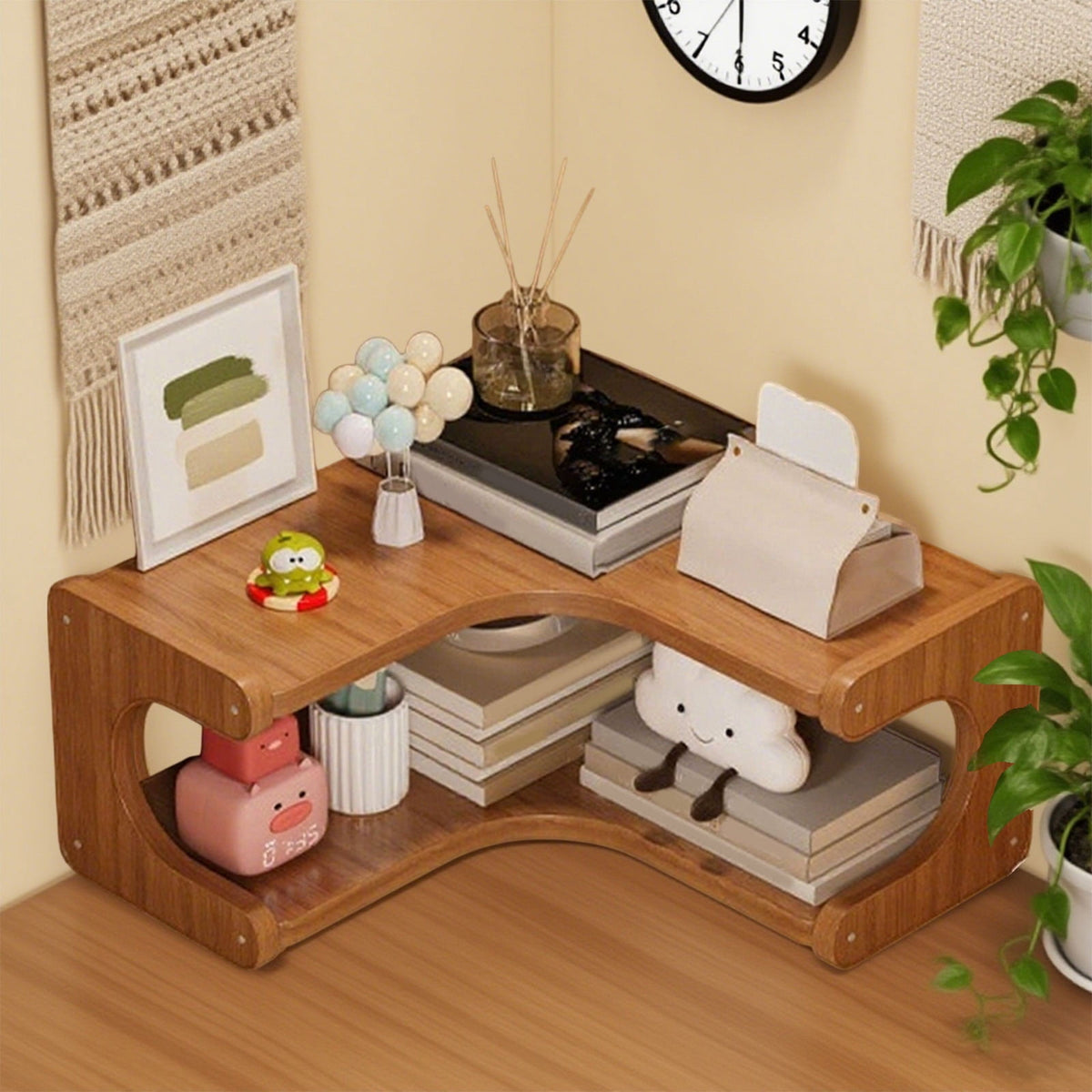 L-Shaped Corner Desk Shelf, Tiered Wooden Organizer for Small Spaces, 13.7 x 5.1 in, Coffee - Image 4