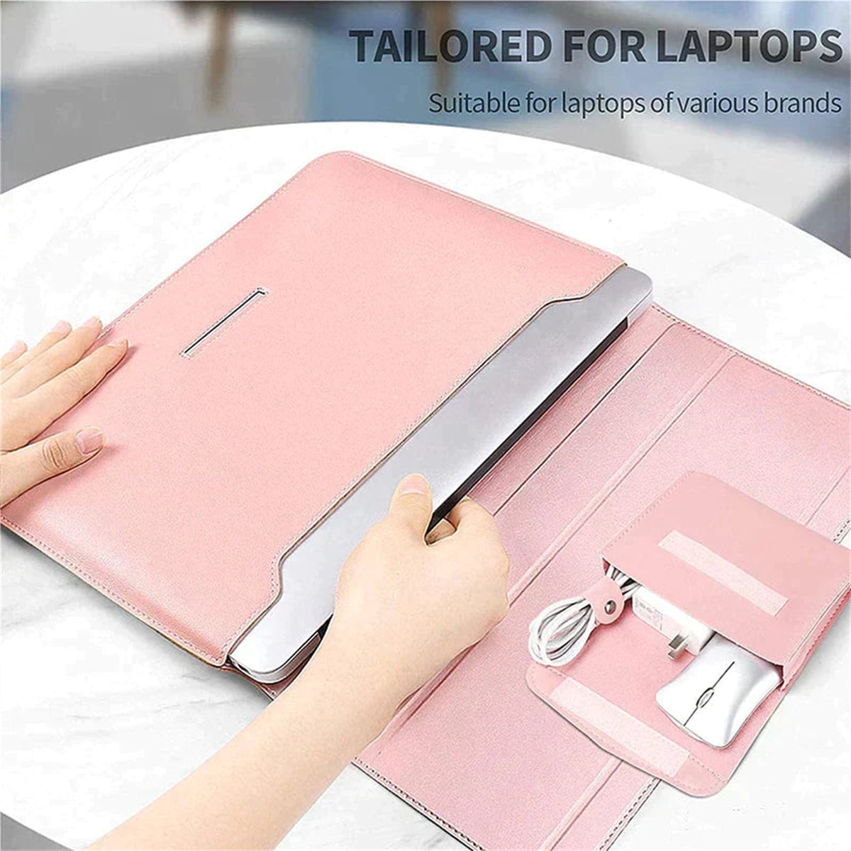 Faux Leather Sleeve with Built-In Stand for 13-14 Inch Laptops, Magnetic Flap Carry Case - Image 3