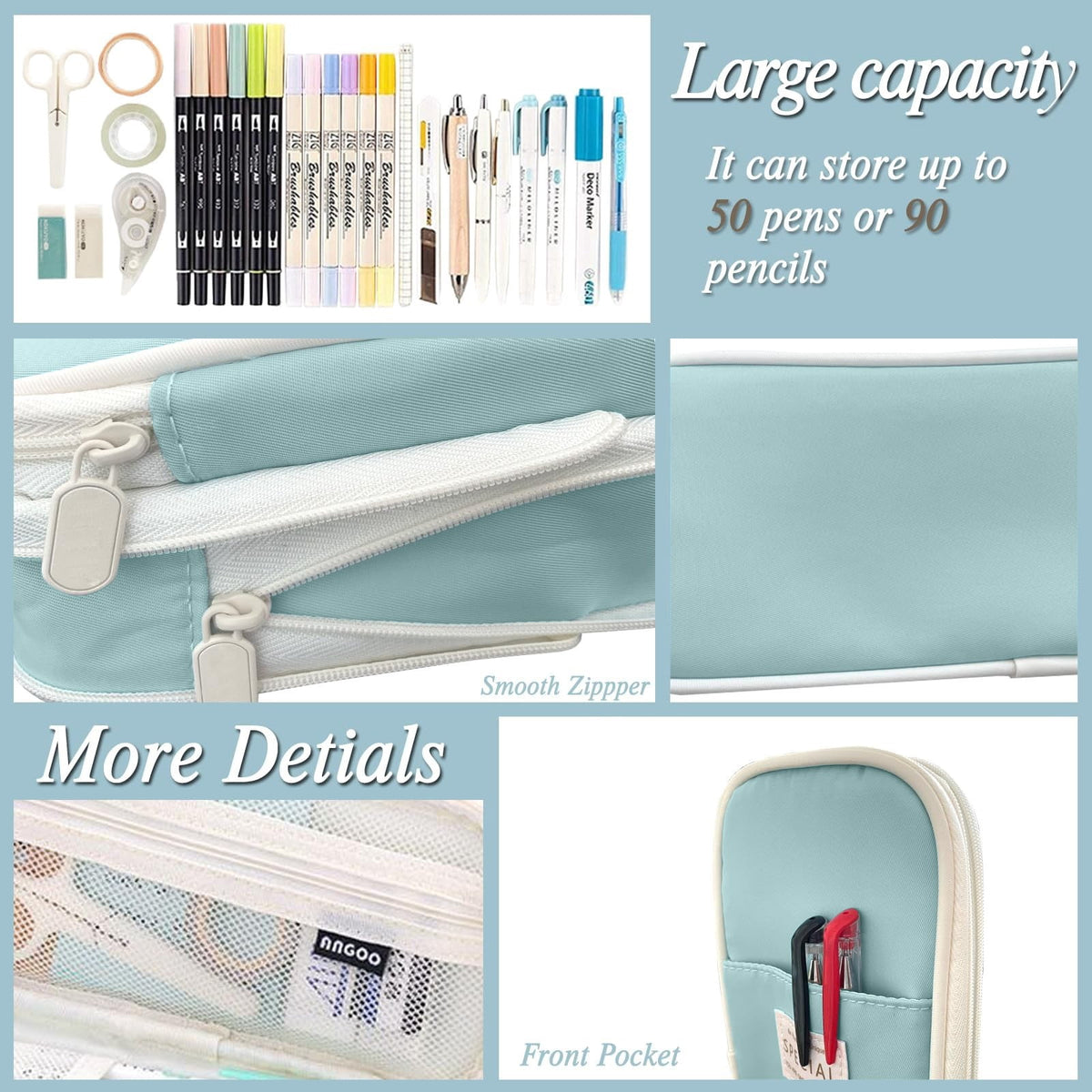Large Canvas Pencil Pouch with Zipper, Double-Layer Case for up to 50 Pens, Sky Blue - Image 4