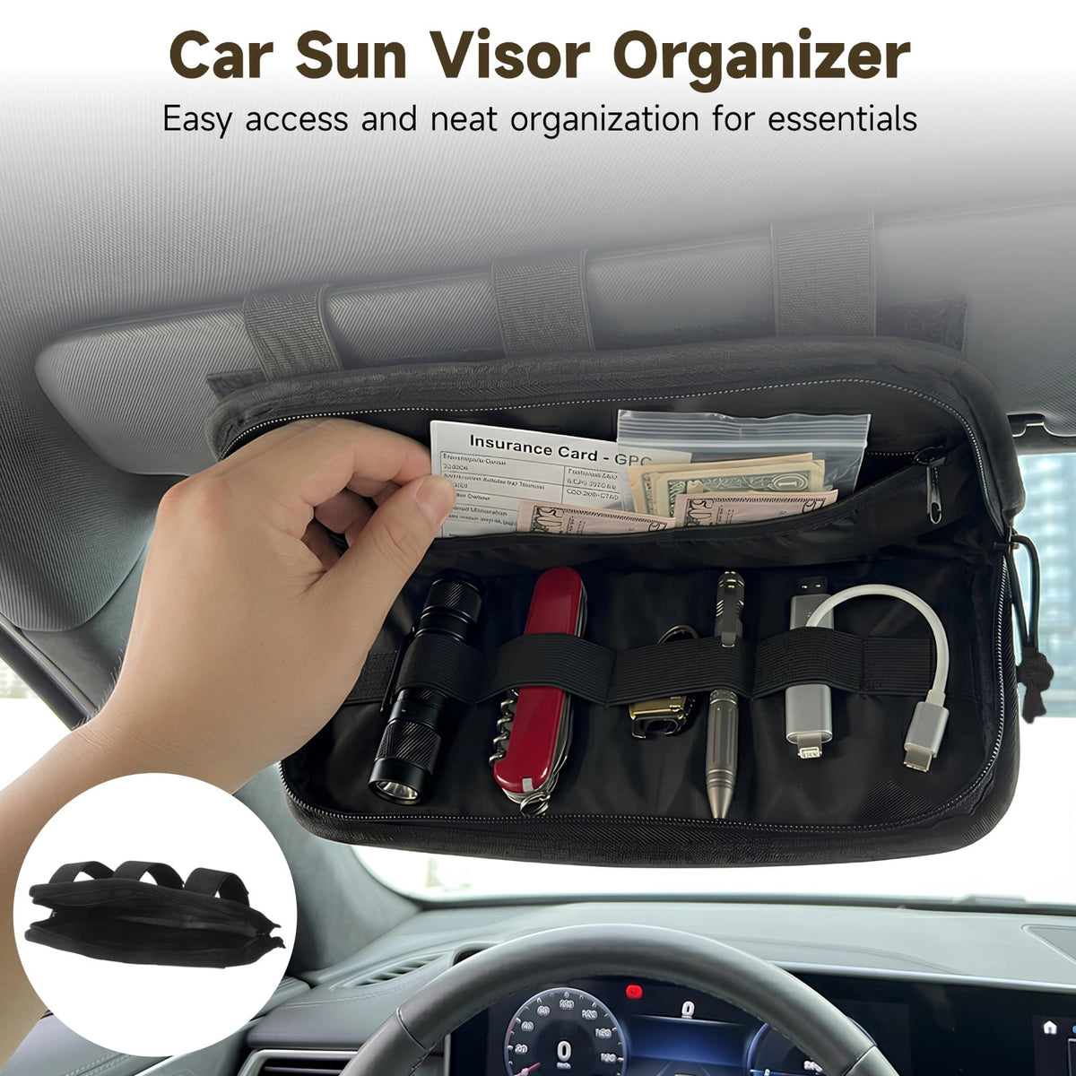Sun Visor Organizer with Card Slots, Zip Pocket and Sunglass Strap, Black Fabric, 12.99 x 6.88 in - Image 3