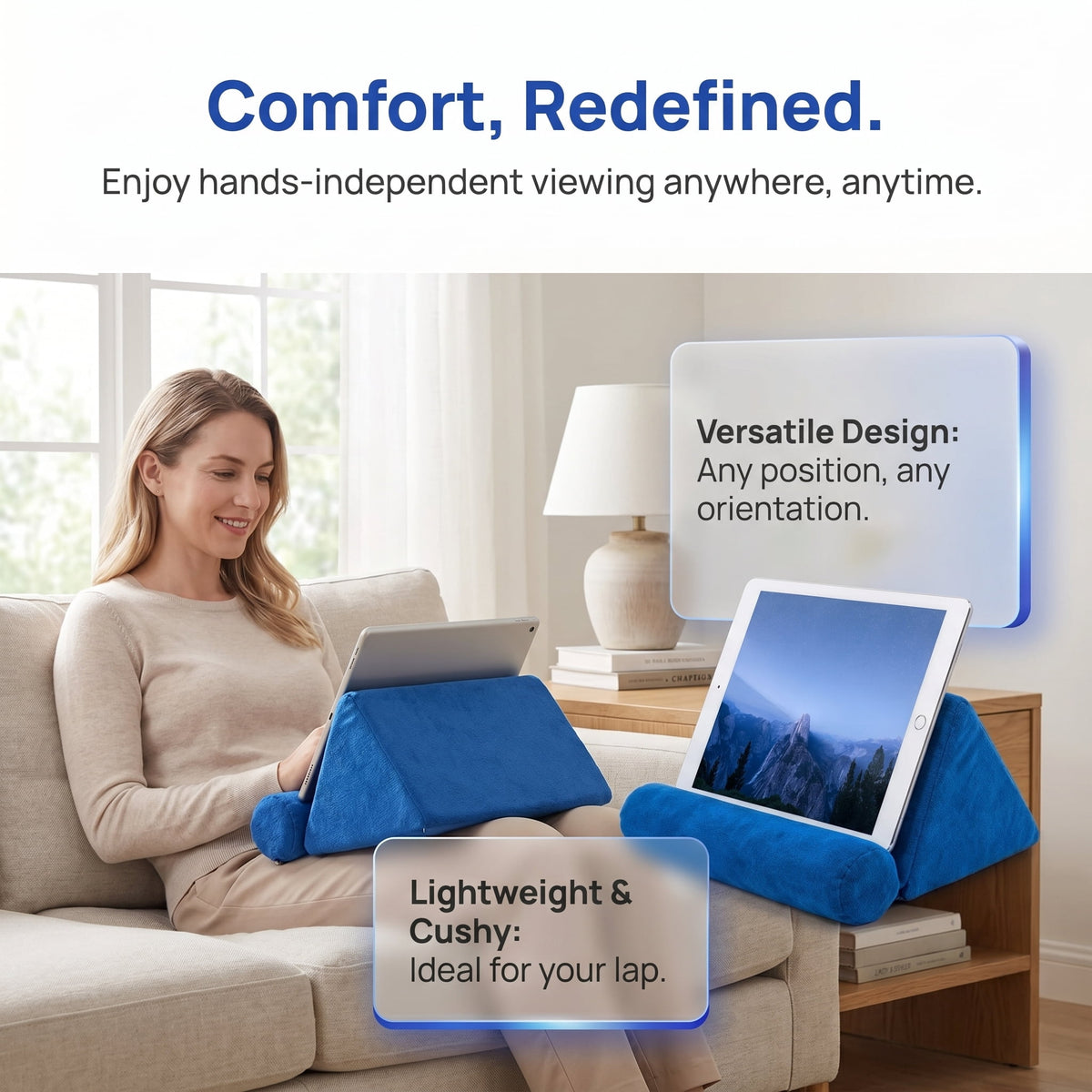 Lap Pillow Stand for Tablets and Phones, Soft Foam Holder with Rigid Frame for Bed, Couch and Desk, Navy Blue - Image 4