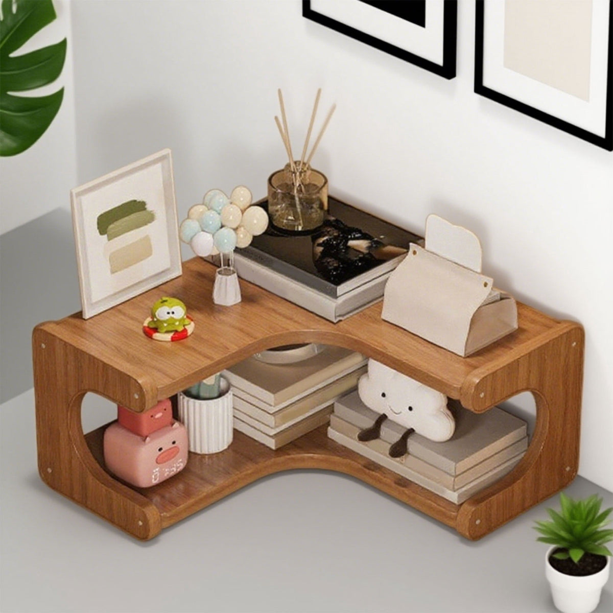 L-Shaped Corner Desk Shelf, Tiered Wooden Organizer for Small Spaces, 13.7 x 5.1 in, Coffee - Image 2