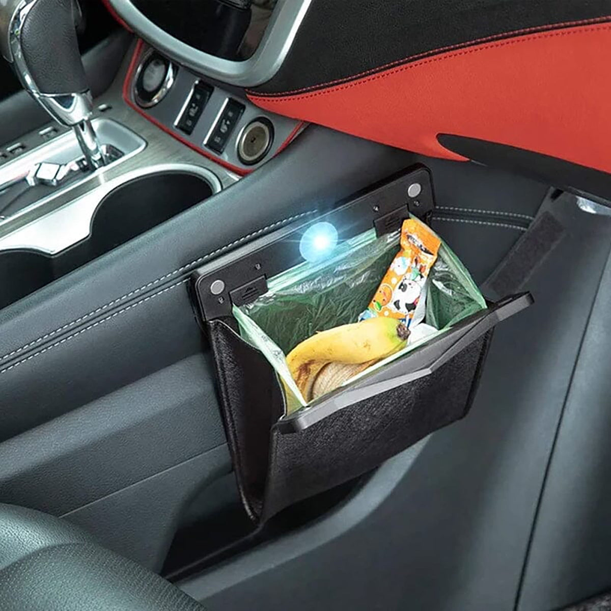 Hanging Car Trash Bin with LED Light, Leak-Proof Faux Leather Bag for Seat Back or Console - Image 2