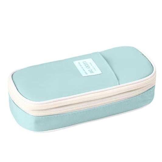 Large Canvas Pencil Pouch with Zipper, Double-Layer Case for up to 50 Pens, Sky Blue