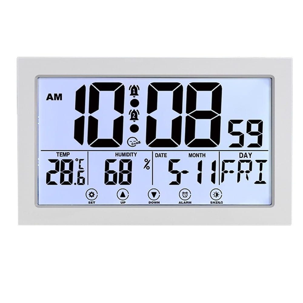 Digital Wall or Desk Clock with Large Display, Indoor Temperature and Humidity, Alarm and Snooze