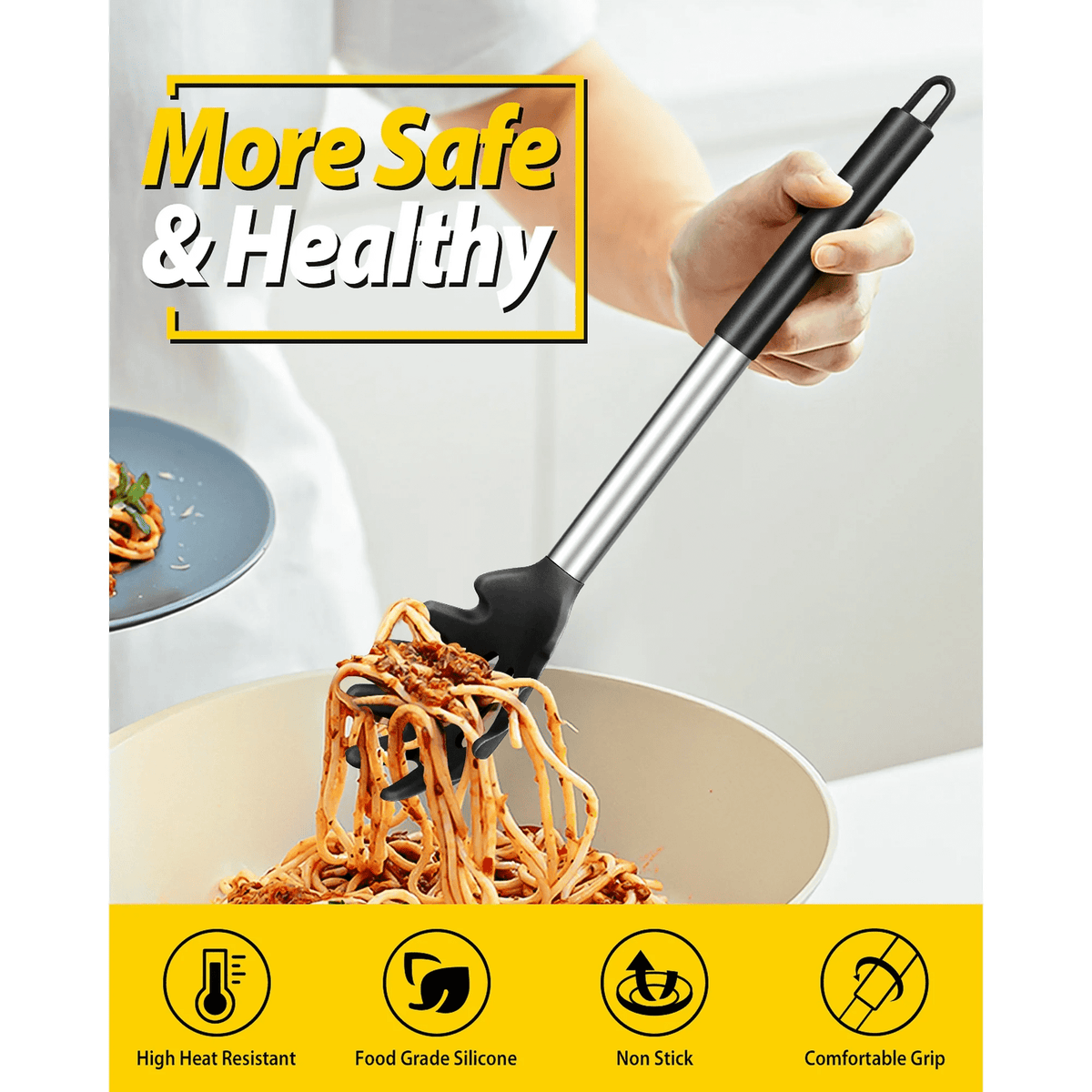 Silicone Spaghetti Server with Stainless Steel Handle, Heat-Resistant Pasta Fork, Black - Image 5