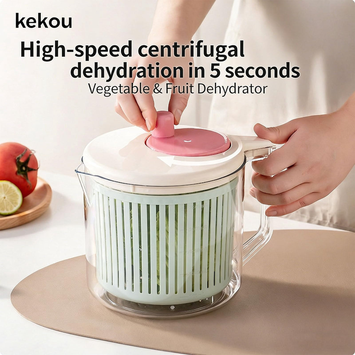 Pink Hand-Crank Salad Spinner, Lettuce and Vegetable Dryer with Removable Basket - Image 2