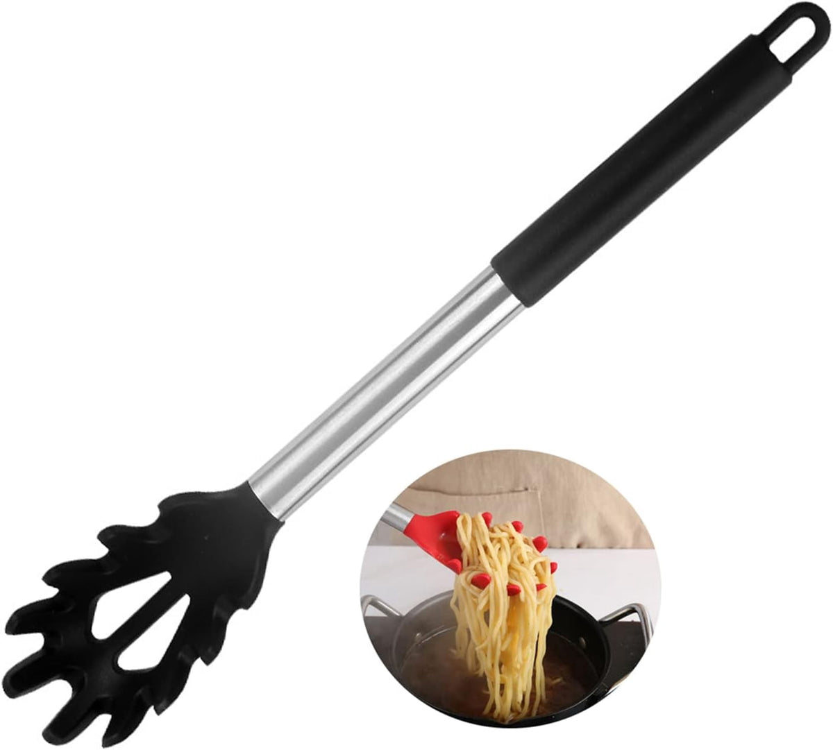 Silicone Spaghetti Server with Stainless Steel Handle, Heat-Resistant Pasta Fork, Black - Image 2