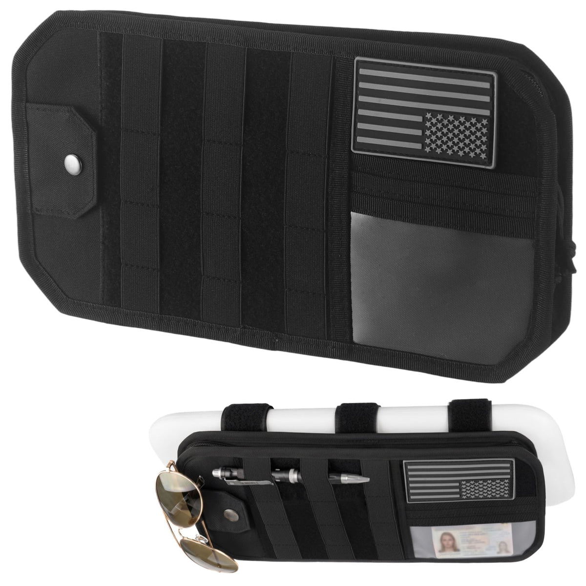 Sun Visor Organizer with Card Slots, Zip Pocket and Sunglass Strap, Black Fabric, 12.99 x 6.88 in - Image 2