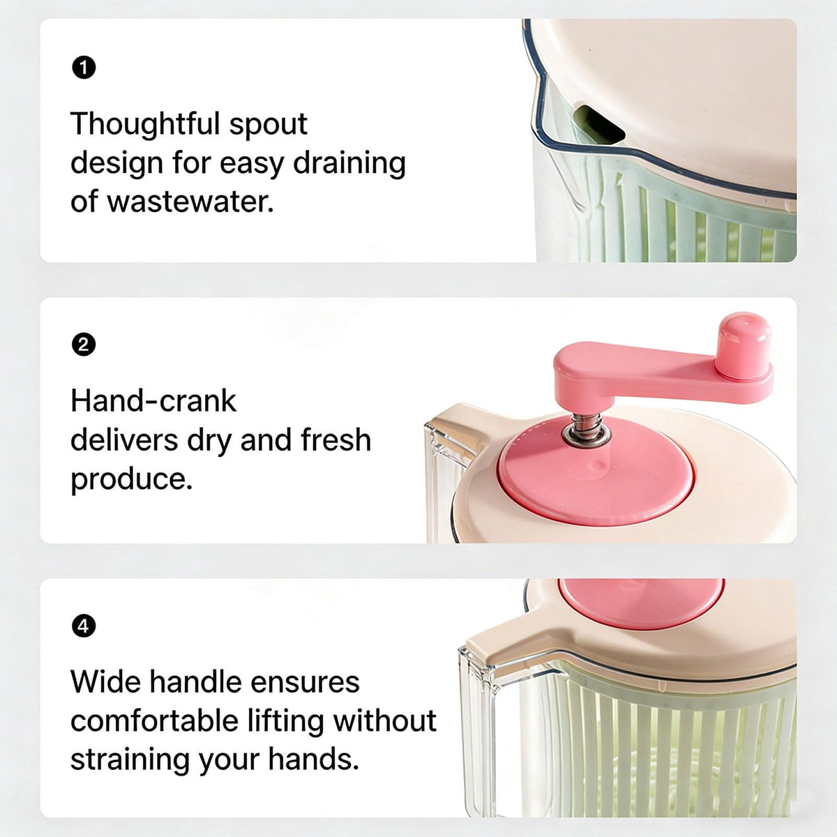 Pink Hand-Crank Salad Spinner, Lettuce and Vegetable Dryer with Removable Basket - Image 6
