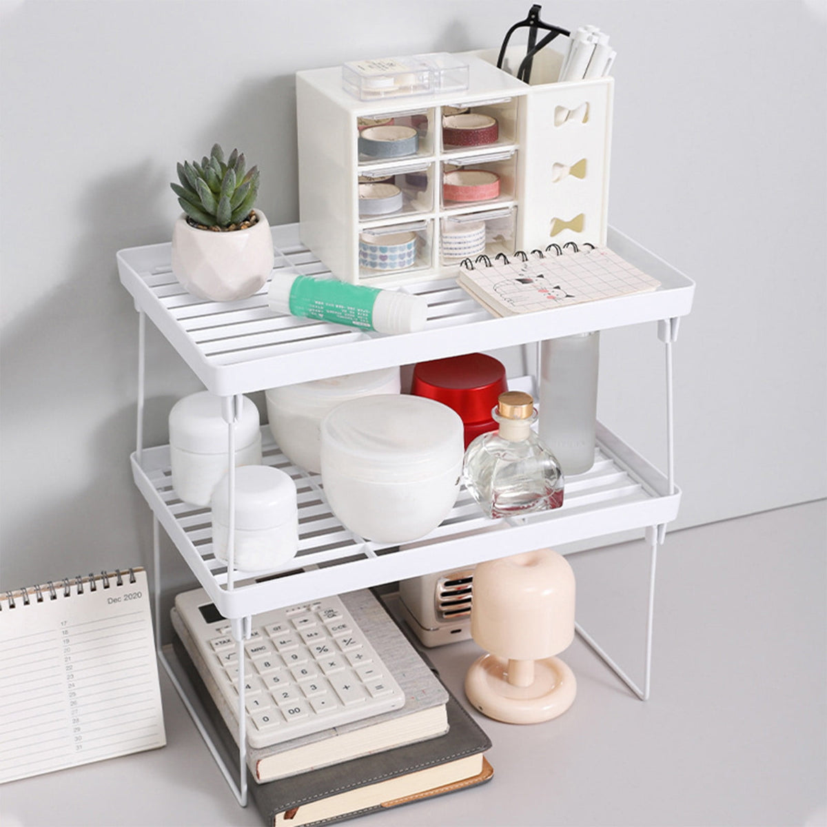 Foldable Two-Tier Desktop Rack, White Riser Shelf for Monitor, Books and Supplies - Image 2