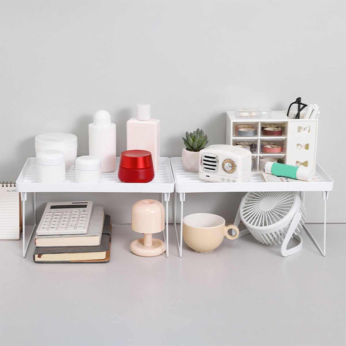 Foldable Two-Tier Desktop Rack, White Riser Shelf for Monitor, Books and Supplies - Image 4