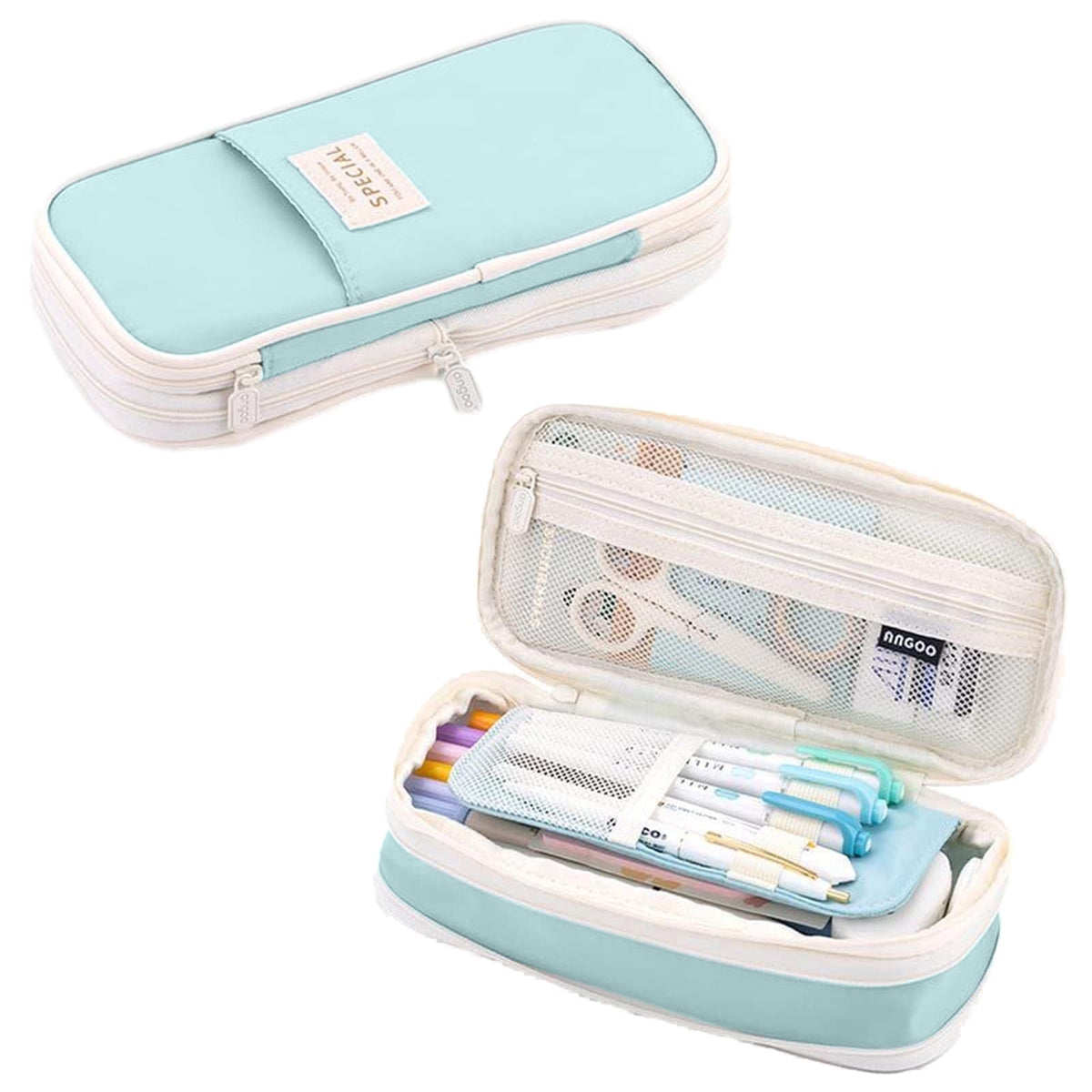 Large Canvas Pencil Pouch with Zipper, Double-Layer Case for up to 50 Pens, Sky Blue - Image 2