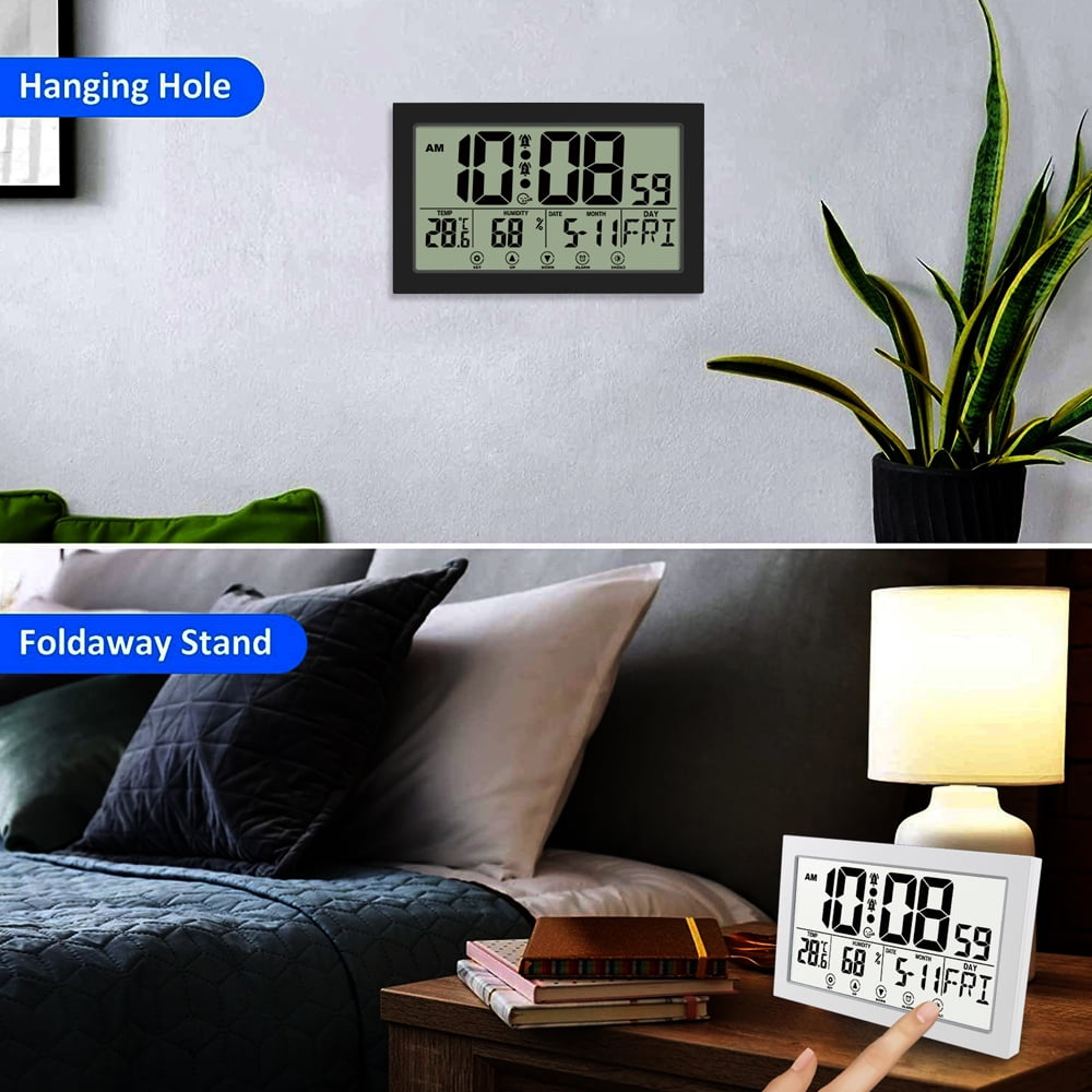 Digital Wall or Desk Clock with Large Display, Indoor Temperature and Humidity, Alarm and Snooze - Image 5