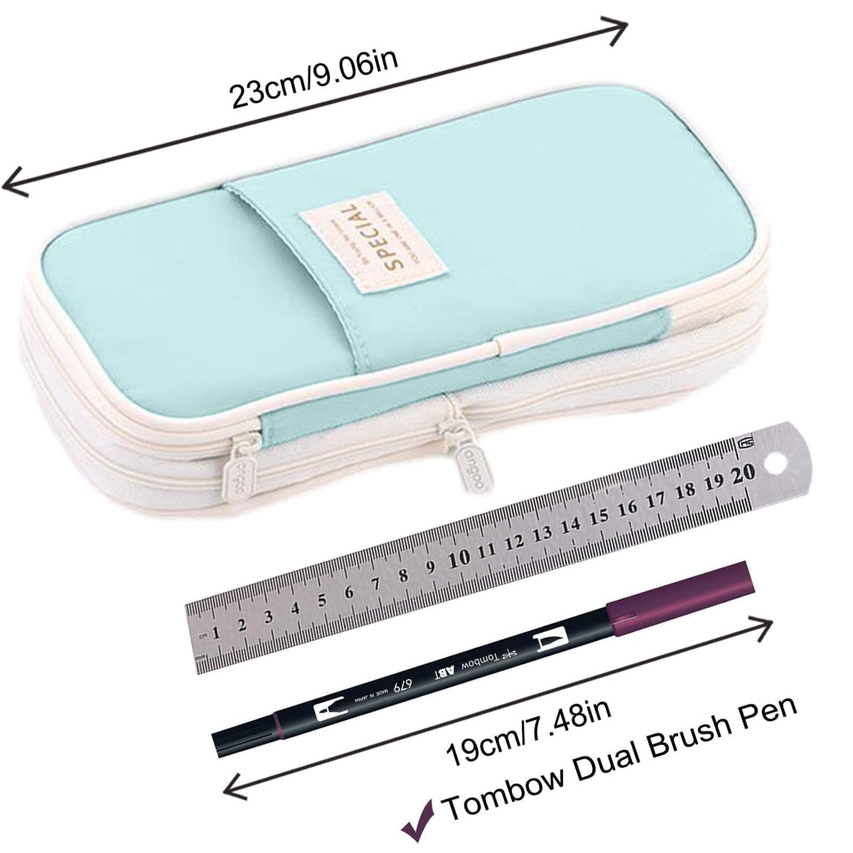 Large Canvas Pencil Pouch with Zipper, Double-Layer Case for up to 50 Pens, Sky Blue - Image 5