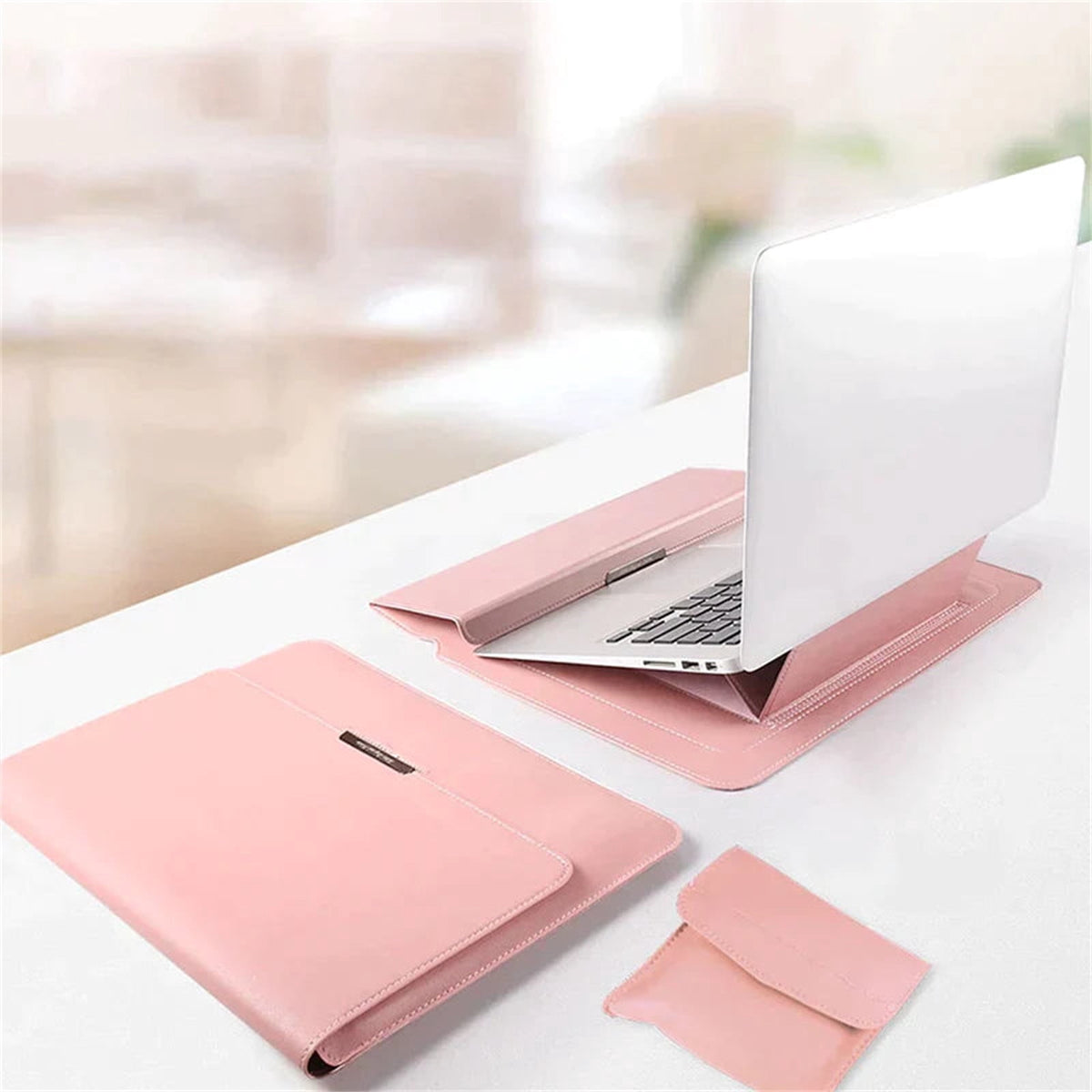 Faux Leather Sleeve with Built-In Stand for 13-14 Inch Laptops, Magnetic Flap Carry Case - Image 5