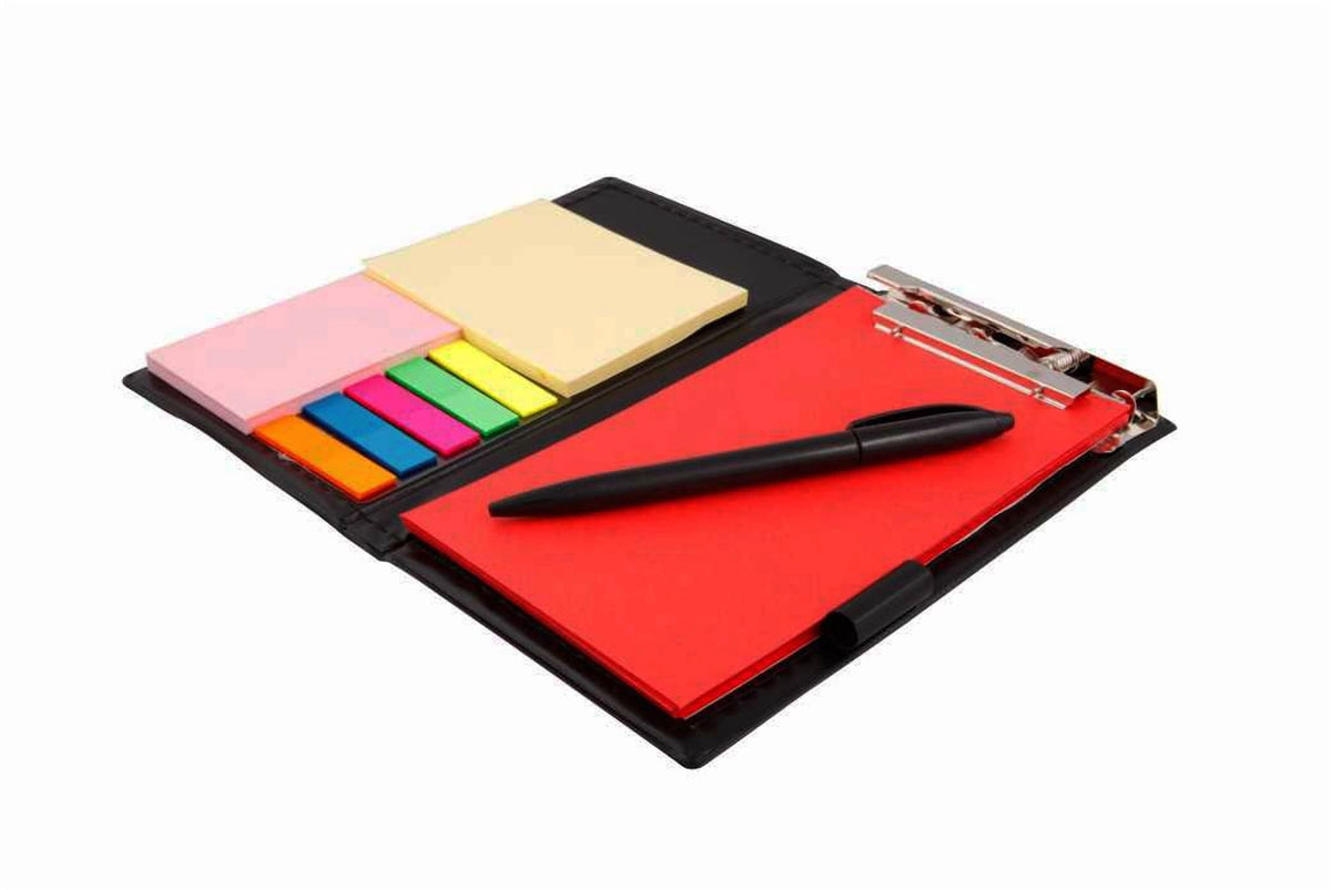 All-in-One Desk Memo Book with Sticky Notes, Metal Clip and Pen, Crimson Red