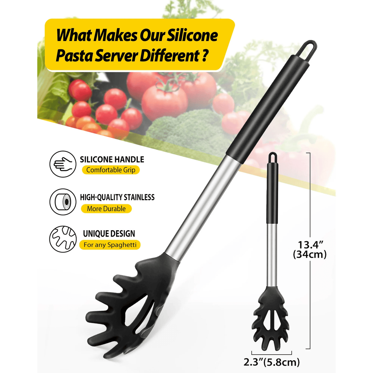 Silicone Spaghetti Server with Stainless Steel Handle, Heat-Resistant Pasta Fork, Black - Image 6
