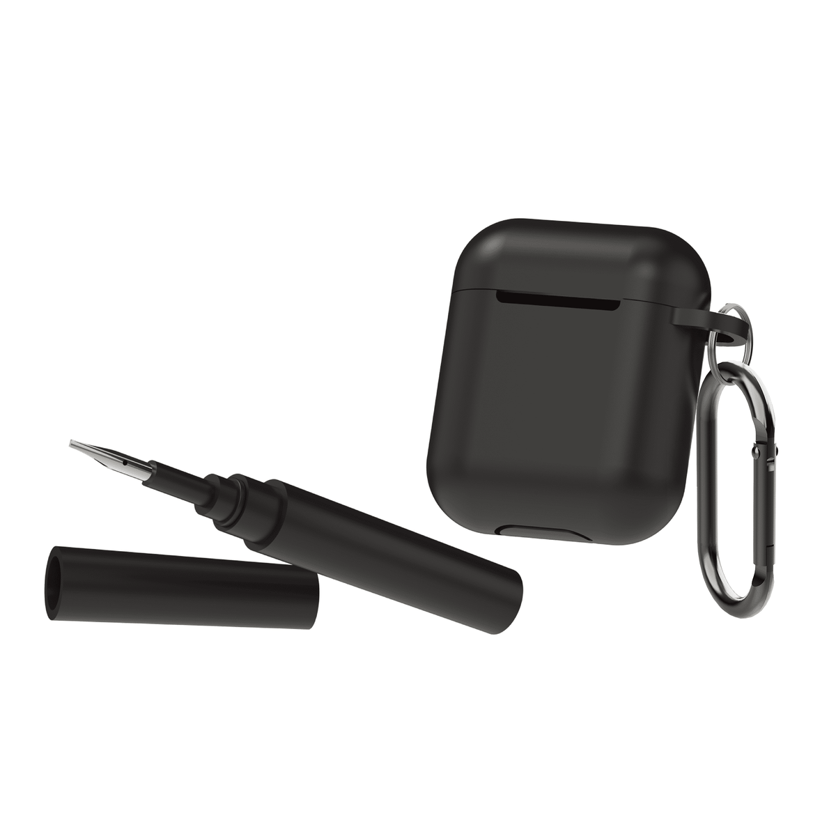 Silicone Earbud Case Cover with Carabiner and Cleaning Pens, Black, for 1st and 2nd Gen Stem-Style Cases