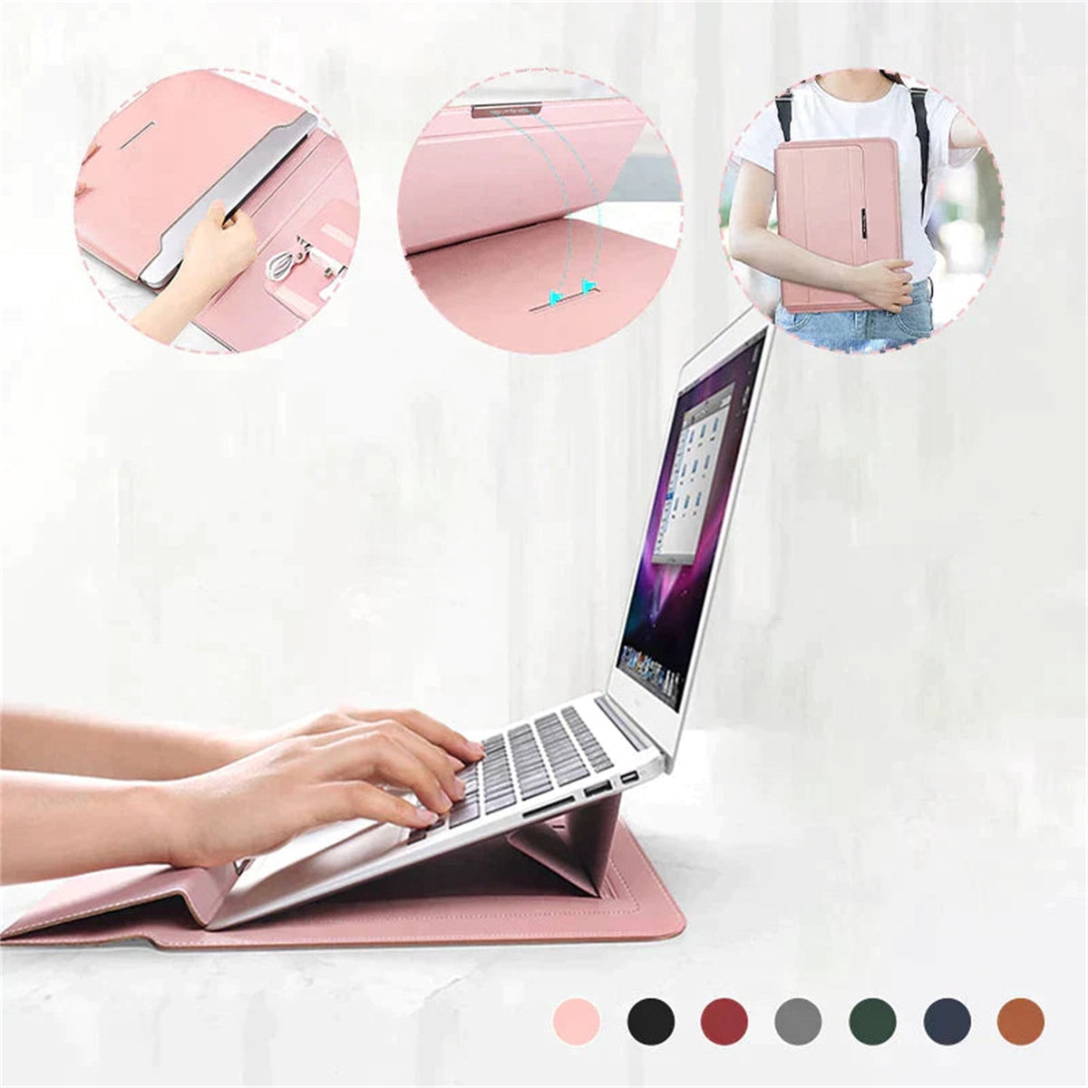 Faux Leather Sleeve with Built-In Stand for 13-14 Inch Laptops, Magnetic Flap Carry Case - Image 4