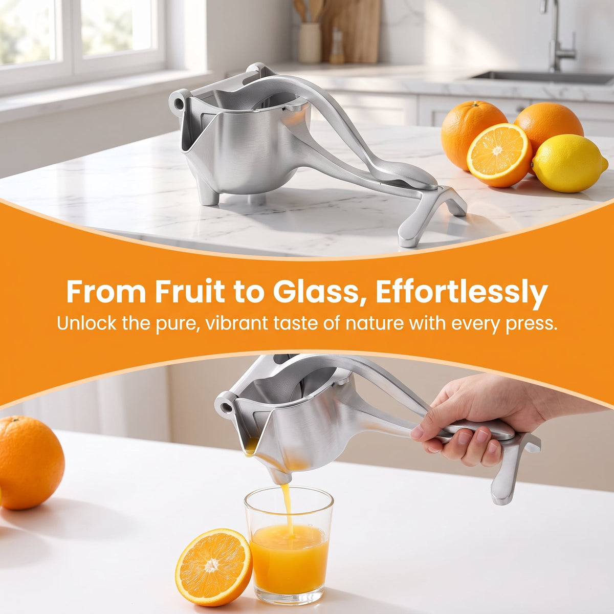 Lever-Press Hand Juicer for Lemons, Limes and Oranges, Silver Citrus Squeezer with Strainer - Image 2