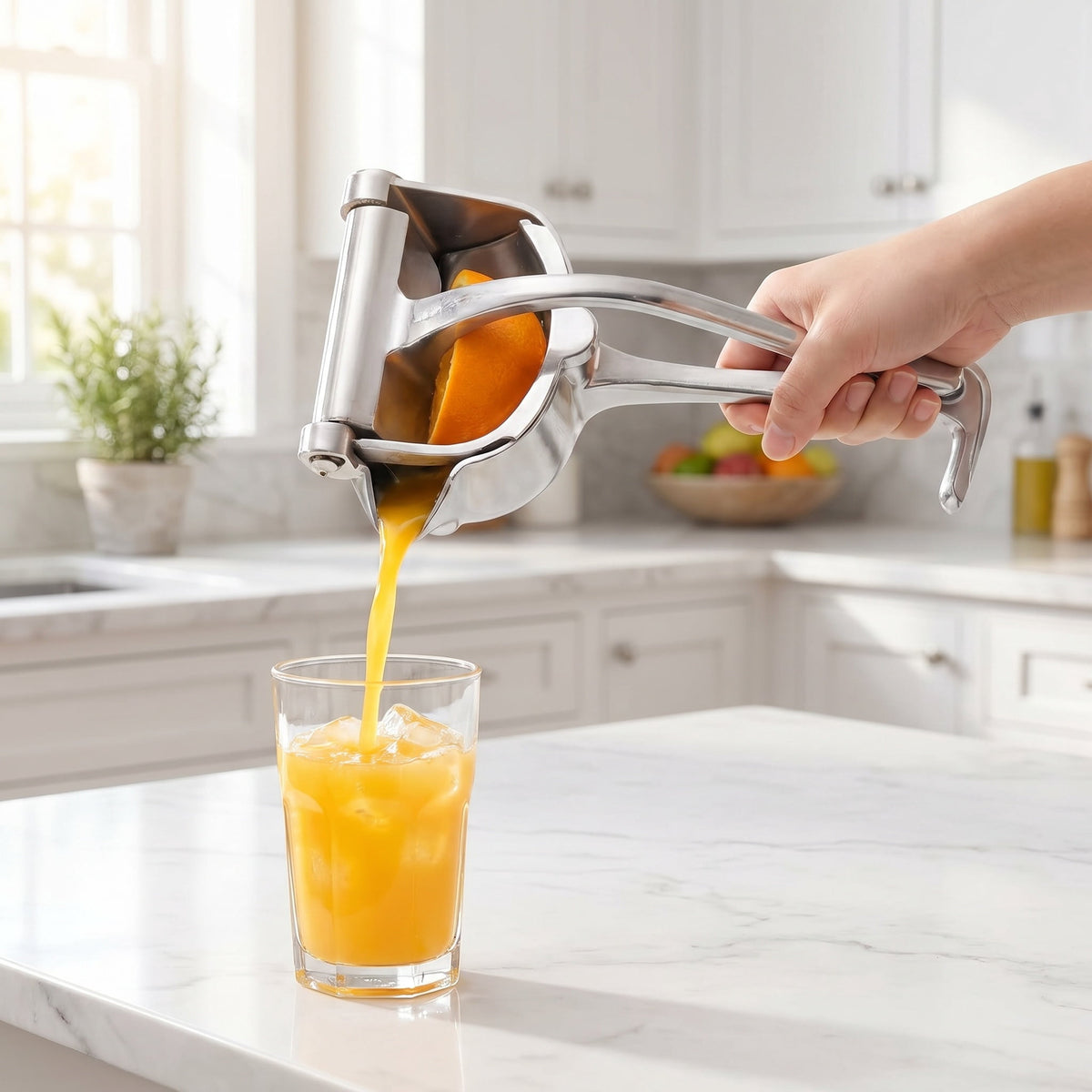 Lever-Press Hand Juicer for Lemons, Limes and Oranges, Silver Citrus Squeezer with Strainer - Image 4
