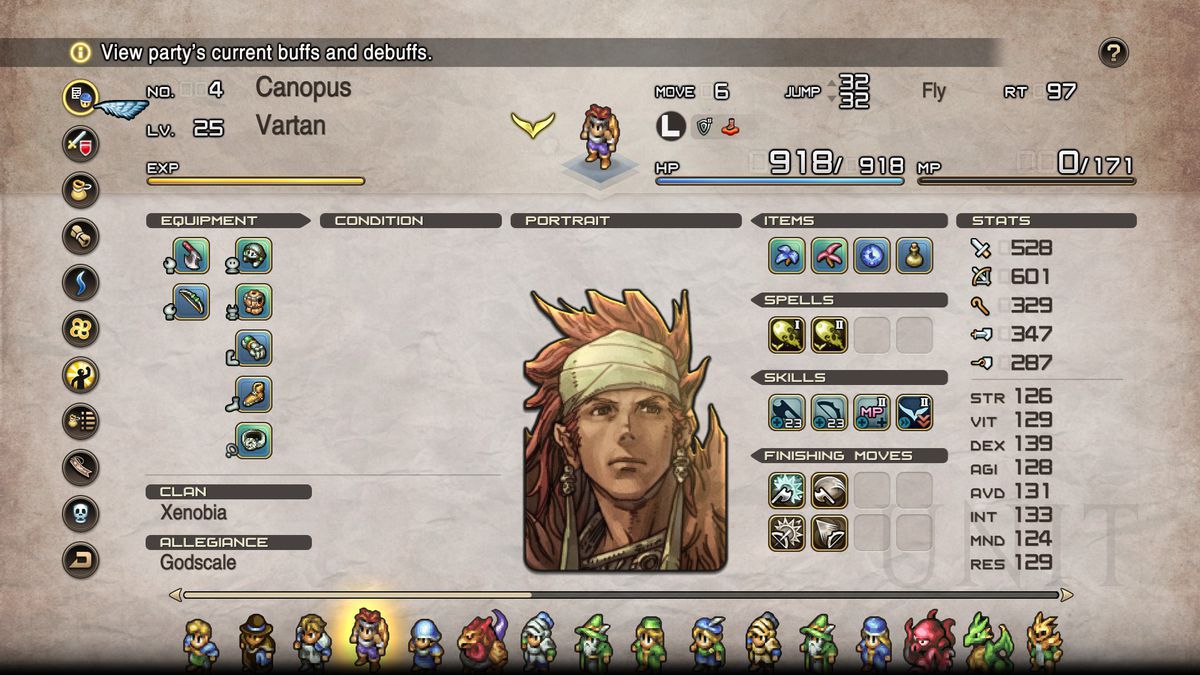 Layar Daftar Pesta Tactics Ogre Reborn, dengan avatar, atribut, keterampilan, dan inventaris